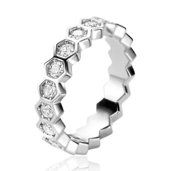 ZINZI zilveren brede ring met zeshoeksvormen, bezet met witte zirconia's ZIR2543
