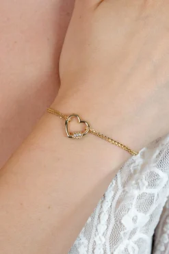 ZINZI zilveren dubbele schakel armband 14K geel verguld met luxe hart witte zirconia's ZIA2031