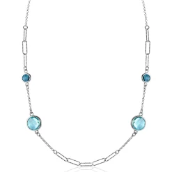ZINZI zilveren fantasie ketting met paperclip schakels en vier ronde zettingen bezet met licht blauwe en indigo blauwe kleurstenen 40-45cm ZIC2418