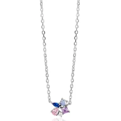 ZINZI zilveren ketting met speelse hanger (8mm) bezet met een mooie combinatie van witte, roze, paarse en blauwe kleurstenen in verschillende slijpvormen 42-45cm ZIC2866