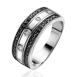 ZINZI zilveren multi-look ring, buitenste banen zwarte zirconia's, in middenbaan 5 ronde witte zirconia's ZIR830Z