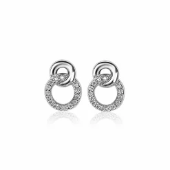 ZINZI zilveren oorknoppen 11mm verbonden rondjes glad en witte zirconia ZIO2045