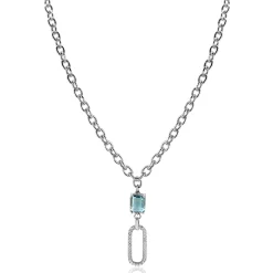 ZINZI zilveren  ovale schakel ketting 45cm met luxe hanger met ovale schakel, bezet met witte zirconia's. En groenachtig blauwe (petrol) kleursteen in vierpootszetting ZIC2487