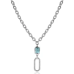 ZINZI zilveren  ovale schakel ketting 45cm met luxe hanger met ovale schakel, bezet met witte zirconia's. En groenachtig blauwe (petrol) kleursteen in vierpootszetting ZIC2487