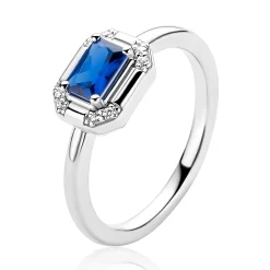 ZINZI zilveren ring met achthoekige zetting en saffierblauwe kleursteen ZIR2803B