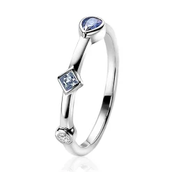 ZINZI zilveren ring rond driehoek druppel wit blauw ZIR2091